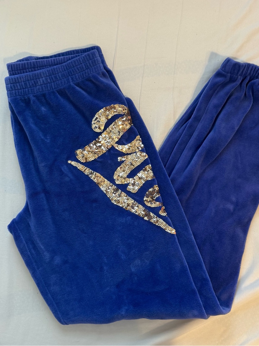Victoria's Secret Royal Blue Velour Joggers with Gold Sequin Script